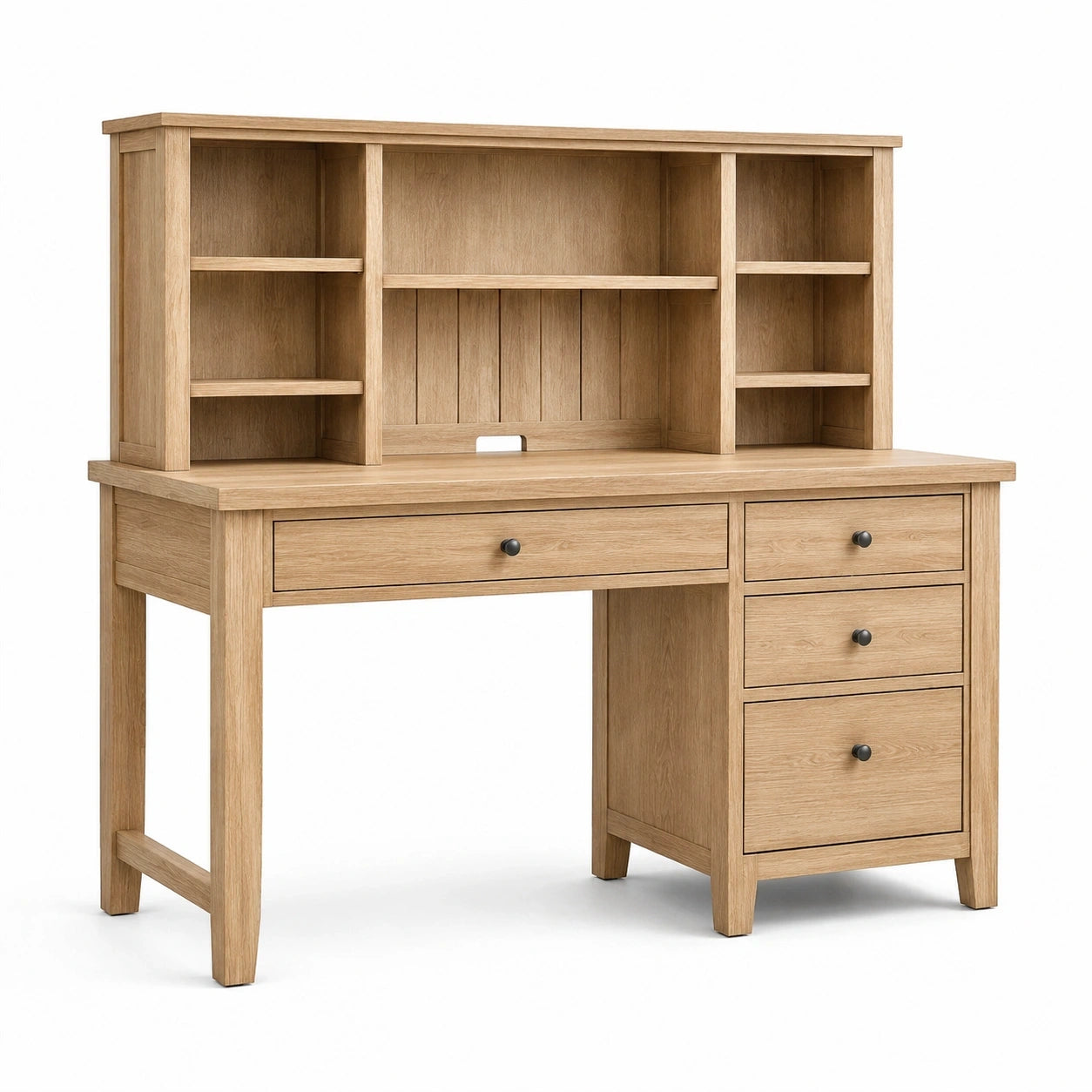 Schreibtisch mit Aufsatz, 130 × 60 × 150 cm, Eichefarben/Schwarz, mit 4 Schubladen und 5 Ablageflächen