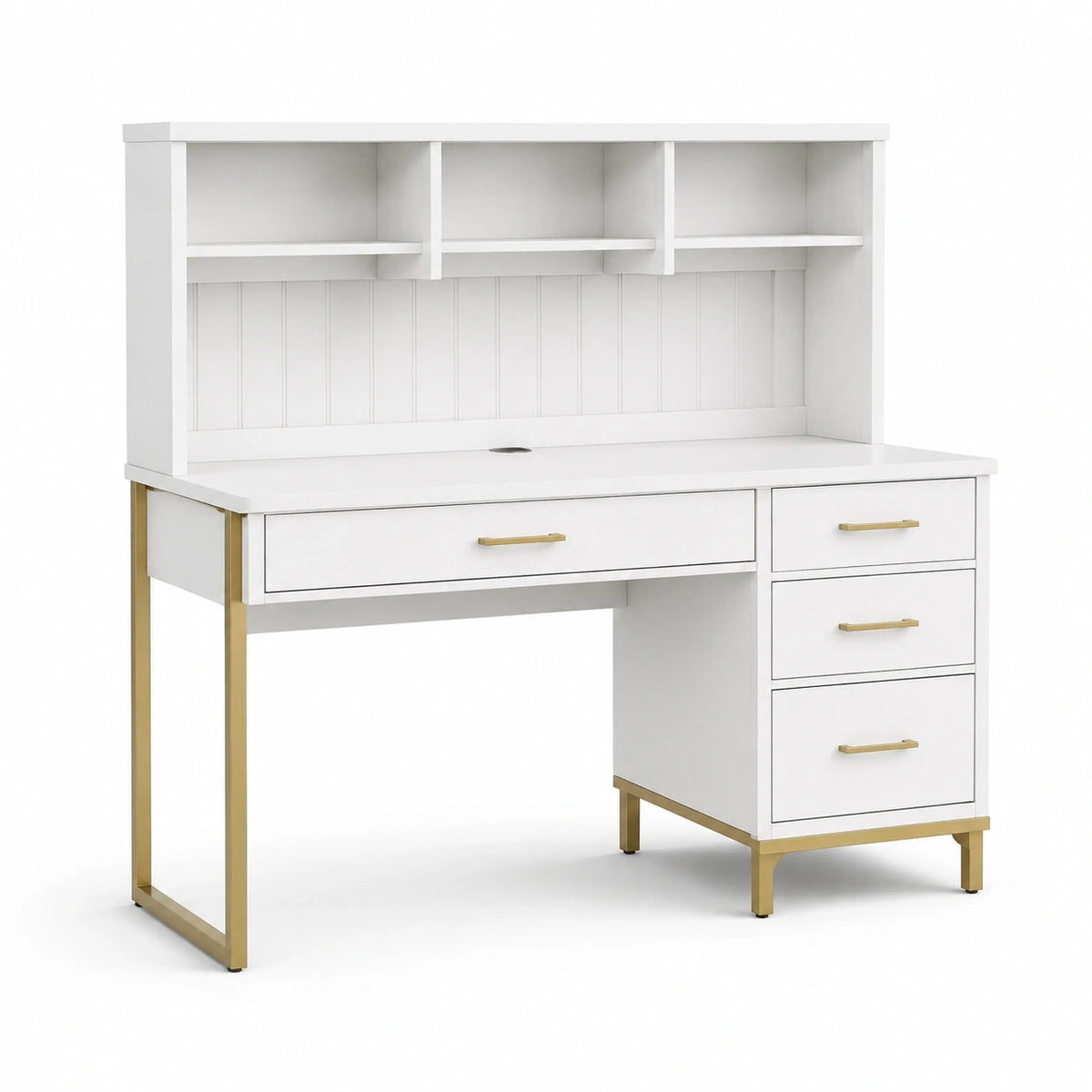 Schreibtisch mit Aufsatz und 4 Schubladen, 120 × 50 × 147 cm, Weiß/Gold, Holzwerkstoff und Metall