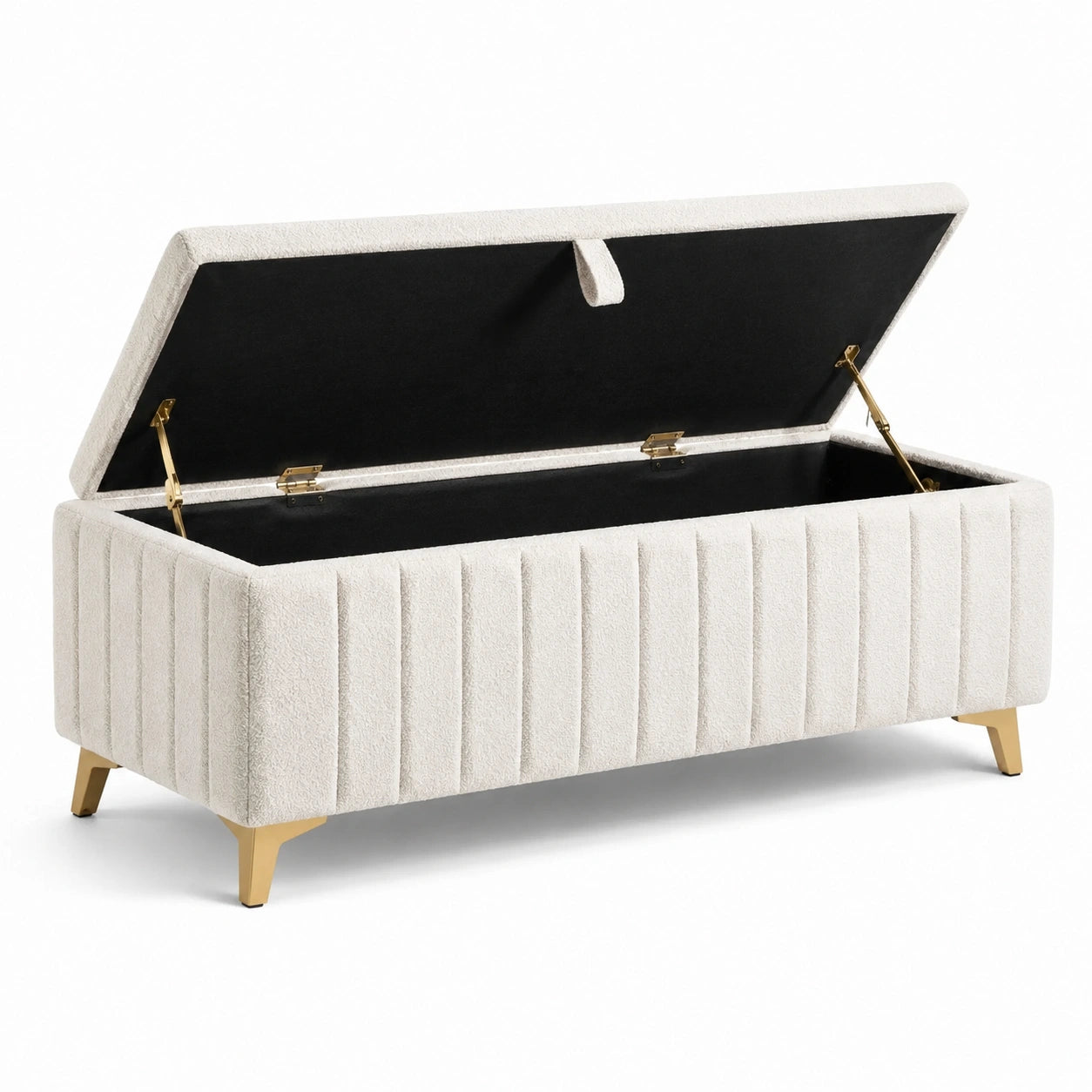 Gepolsterte Aufbewahrungsbank 120 × 45 × 48 cm, Bouclé in Creme mit goldfarbenen Metallfüßen