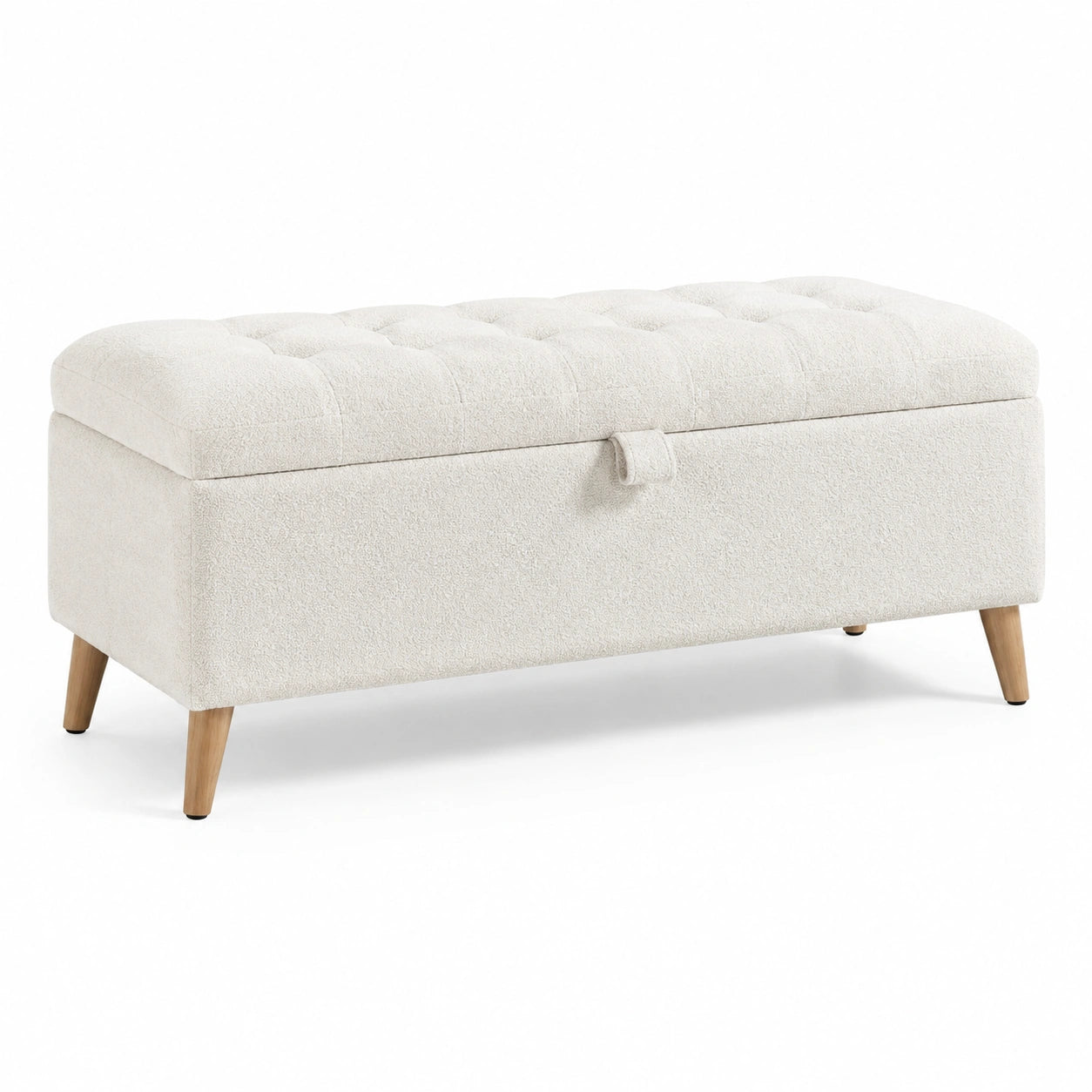 Sitzbank mit Stauraum, gepolstert, Bouclé-Bezug in Creme/Natur, 110 × 40 × 45 cm