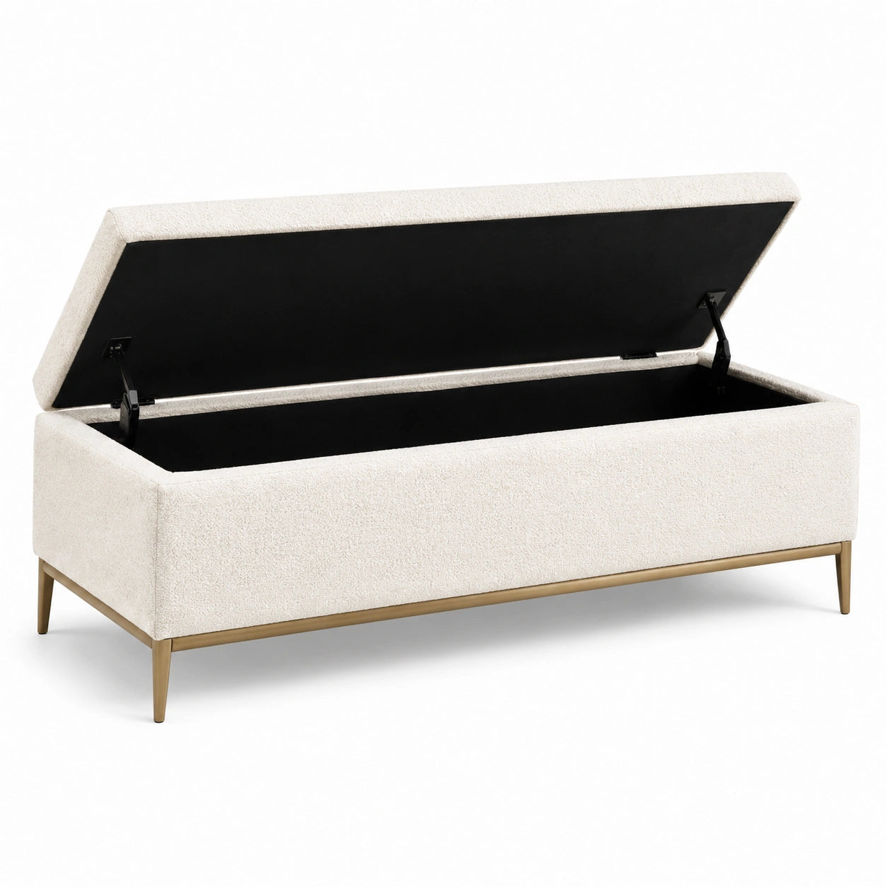 Sitzbank mit Stauraum, 120 × 45 × 45 cm, Strukturstoff in Creme, Metallgestell in Gold, Innenfach in Schwarz