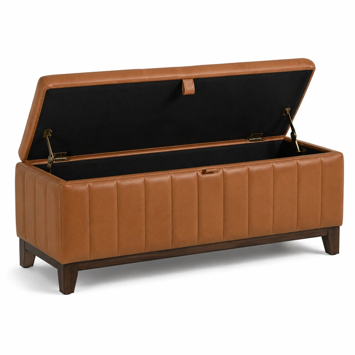 Gepolsterte Sitzbank mit Stauraum und Klappdeckel, 120 × 45 × 48 cm, Braun mit dunkelbraunen Holzfüßen