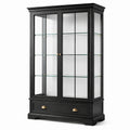 Vitrinenschrank aus Holzwerkstoff und Glas, Schwarz mit goldfarbenen Griffen, 110 x 40 x 190 cm, 2 Türen, 3 Glasböden und 1 Schublade