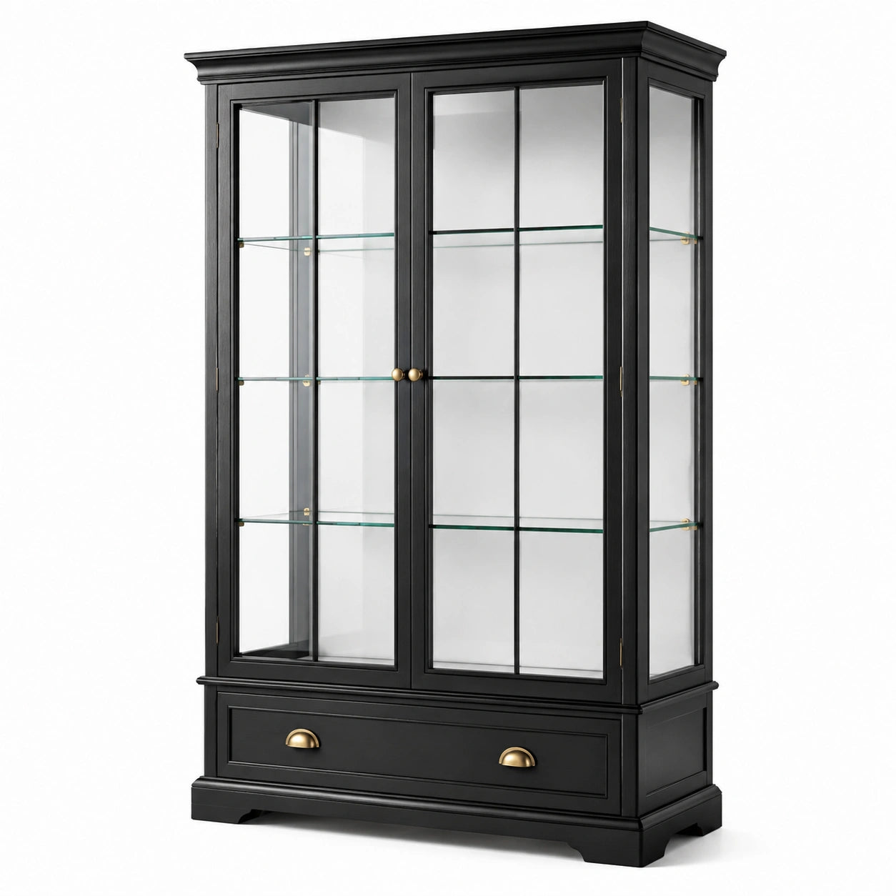 Vitrinenschrank aus Holzwerkstoff und Glas, Schwarz mit goldfarbenen Griffen, 110 x 40 x 190 cm, 2 Türen, 3 Glasböden und 1 Schublade