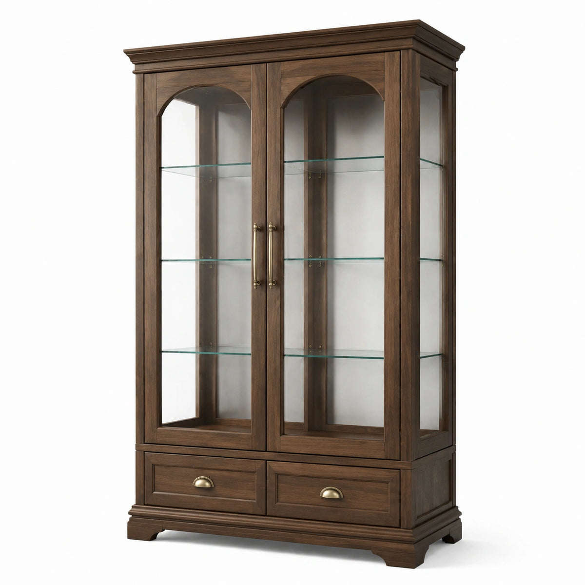 Klassische Vitrine aus Holzwerkstoff und Glas, Braun/Gold, 110 × 42 × 190 cm, mit 2 Türen, 3 Glasböden und 2 Schubladen