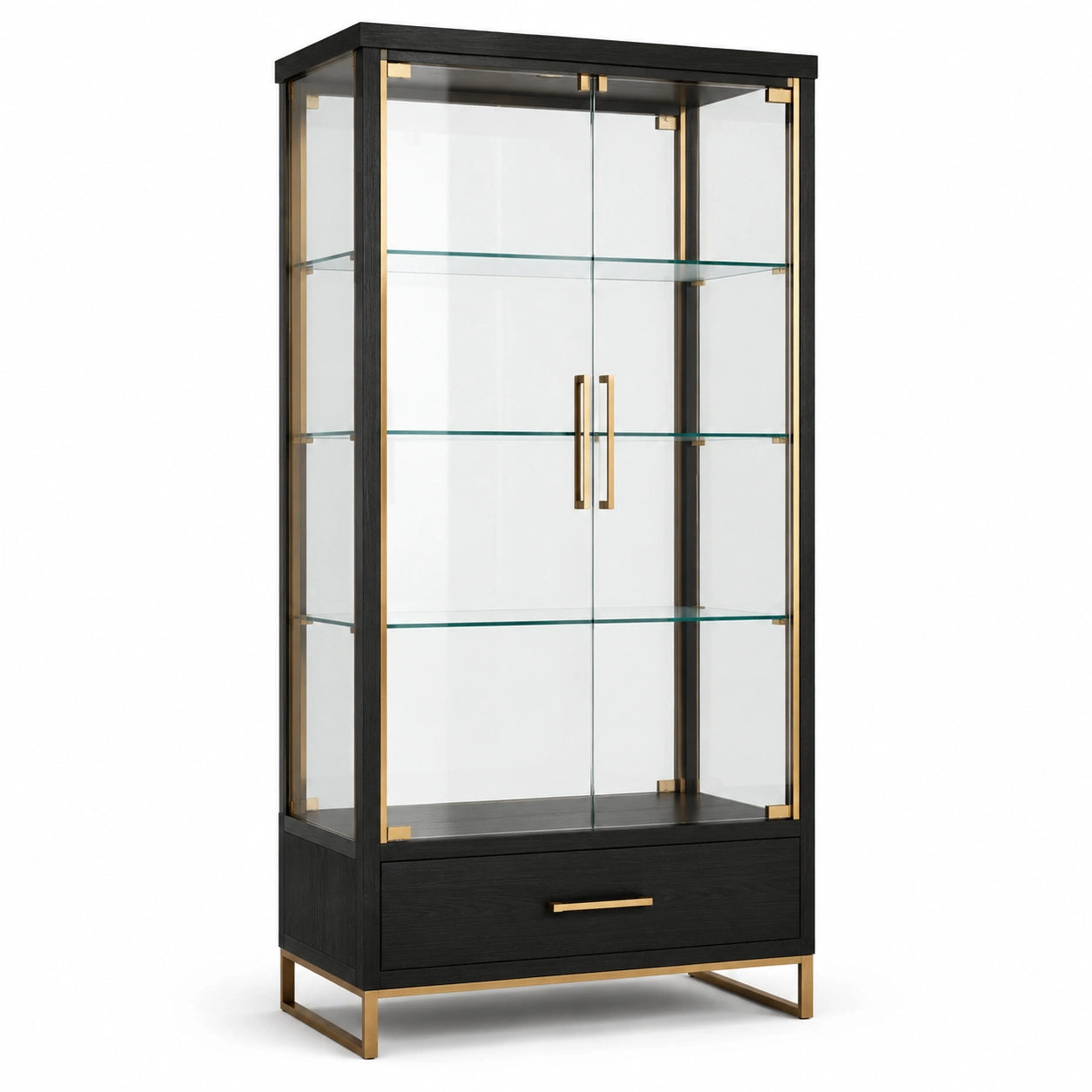 Moderne Vitrine mit 3 Glasböden und Schublade, Schwarz/Gold/Transparent, 90 × 40 × 190 cm