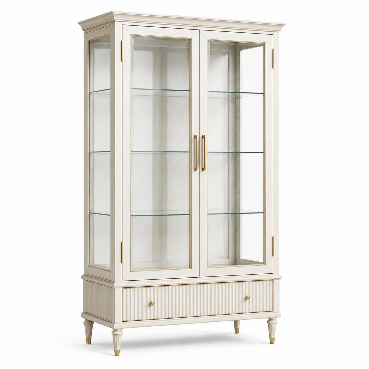 Klassischer Vitrinenschrank aus Holzwerkstoff und Glas, Weiß/Gold, 105 × 42 × 185 cm
