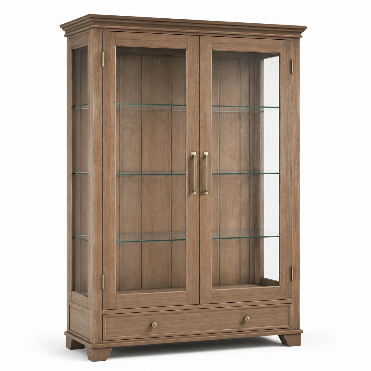 Vitrine mit Glastüren und Schublade, 110 × 42 × 190 cm, Braun, Messingfarben und Transparent