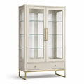 Moderne Vitrine mit 2 Glastüren, 3 Glasböden und Schublade, Cremeweiß/Goldfarben/Transparent, 100 × 40 × 180 cm