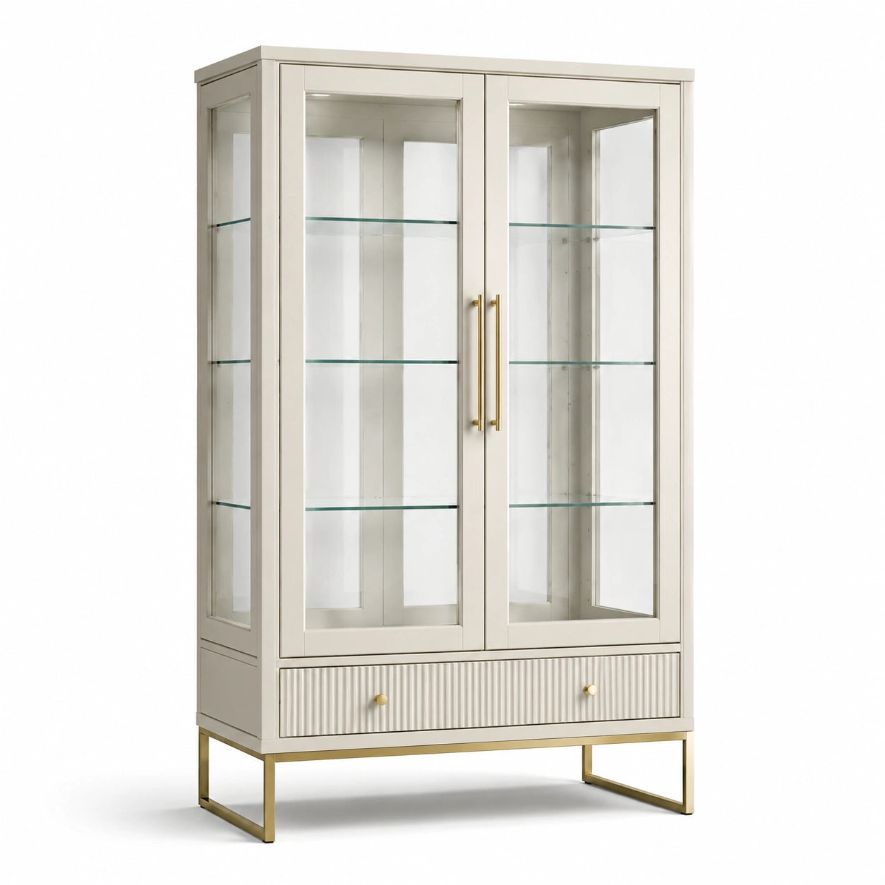 Moderne Vitrine mit 2 Glastüren, 3 Glasböden und Schublade, Cremeweiß/Goldfarben/Transparent, 100 × 40 × 180 cm