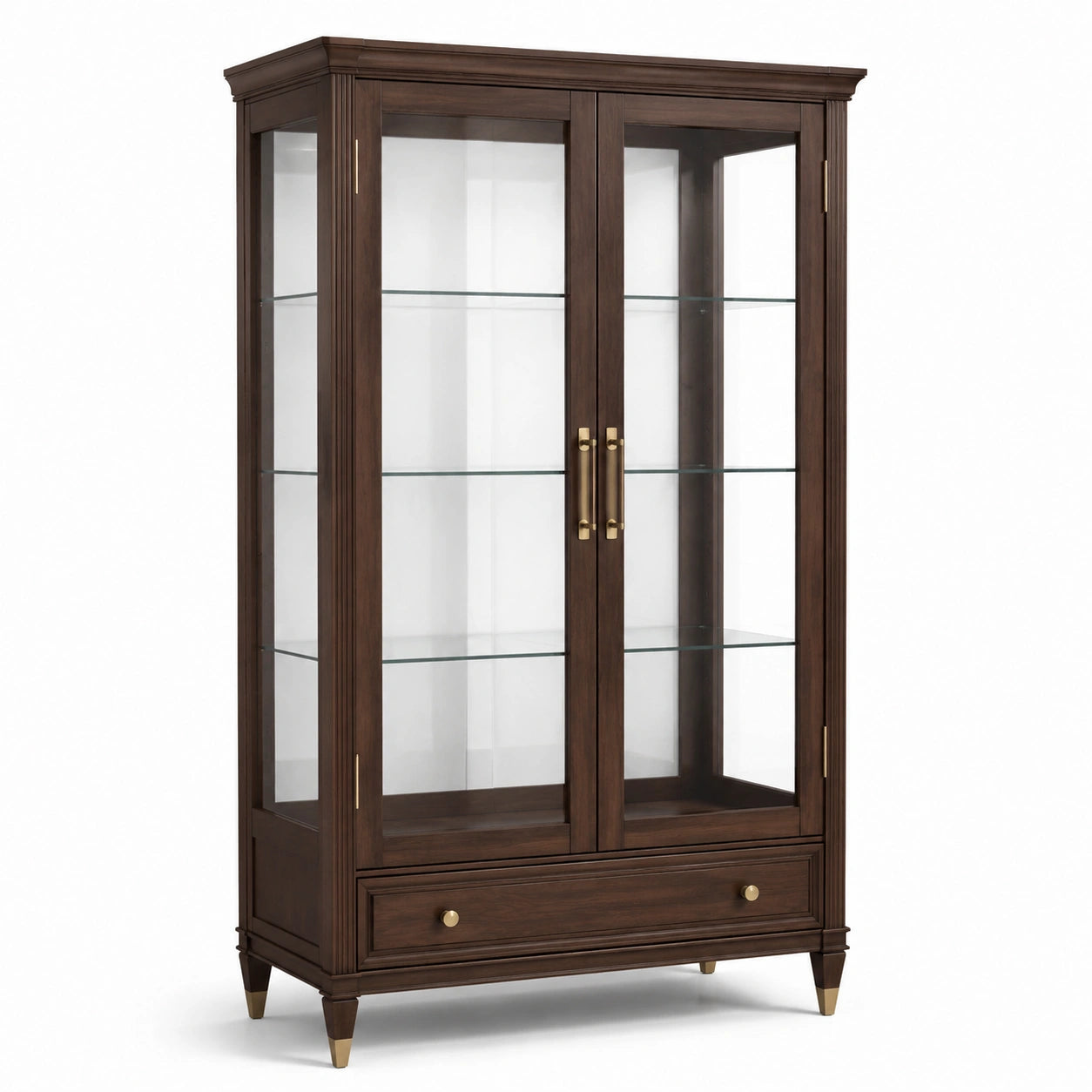 Klassischer Vitrinenschrank aus Holzwerkstoff und Glas, Dunkelbraun, 110 × 45 × 200 cm, mit 2 Türen und 1 Schublade