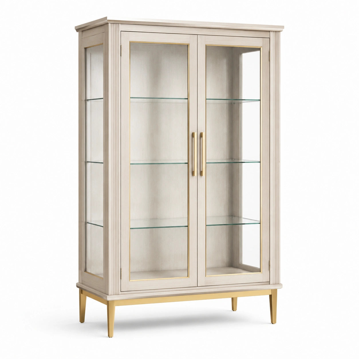 Vitrine aus Holzwerkstoff, Glas und Metall in Beige/Gold/Transparent, 110 × 40 × 180 cm, mit 2 Türen und 3 Glasböden