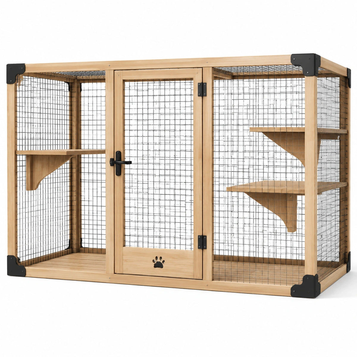 Katzengehege aus Holz und Metall mit Tür und 3 Liegeflächen, 120 × 60 × 100 cm, Natur/Schwarz