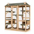 Begehbares Katzenfreigehege aus Holz mit Drahtgitter, Dach, Liegeebenen und Rückzugshäusern, 180 × 100 × 181 cm, Natur/Grün/Schwarz