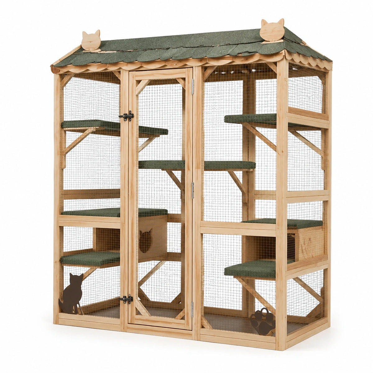 Begehbares Katzenfreigehege aus Holz mit Drahtgitter, Dach, Liegeebenen und Rückzugshäusern, 180 × 100 × 181 cm, Natur/Grün/Schwarz