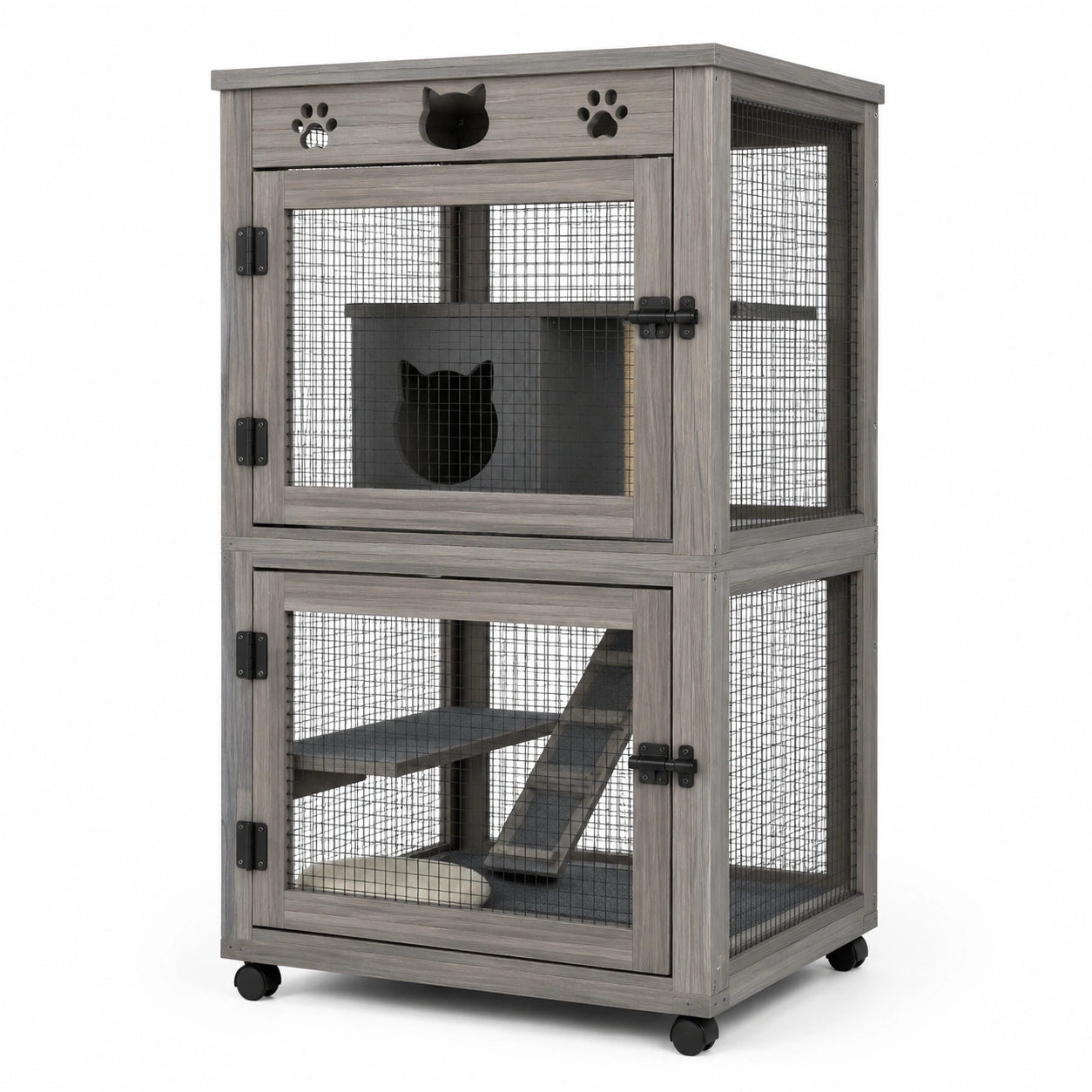 Zweistöckiges Katzengehege aus Holzwerkstoff und Metall mit Rollen, Grau/Schwarz, 80 × 60 × 140 cm