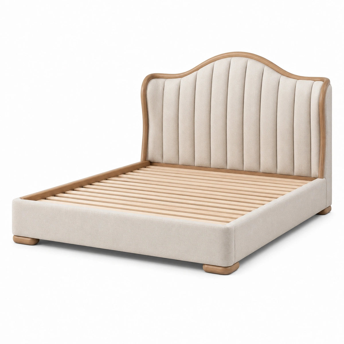 Polsterbett 180 × 200 cm in Beige/Hellbraun mit gepolstertem Kopfteil und Holzlattenrost