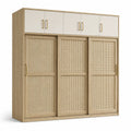 Kleiderschrank mit 3 Schiebetüren und Geflechtfronten, 240 × 60 × 240 cm, Natur/Creme/Gold