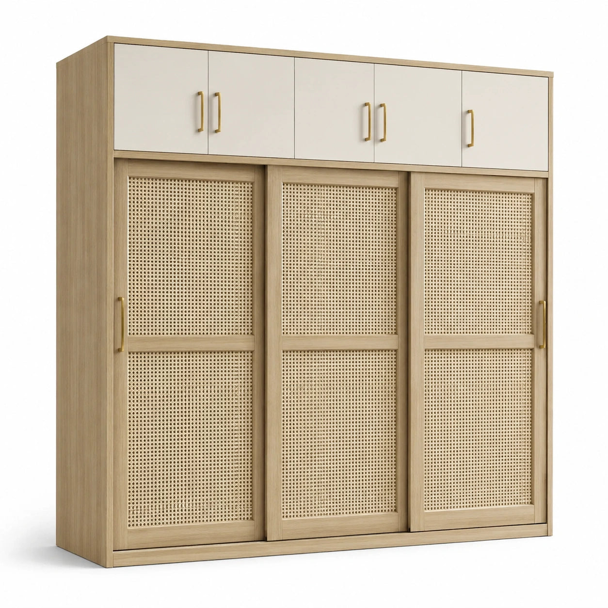 Kleiderschrank mit 3 Schiebetüren und Geflechtfronten, 240 × 60 × 240 cm, Natur/Creme/Gold