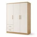 Kleiderschrank 150 × 55 × 200 cm, Weiß/Eichefarben/Goldfarben, 3 Türen und 2 Schubladen