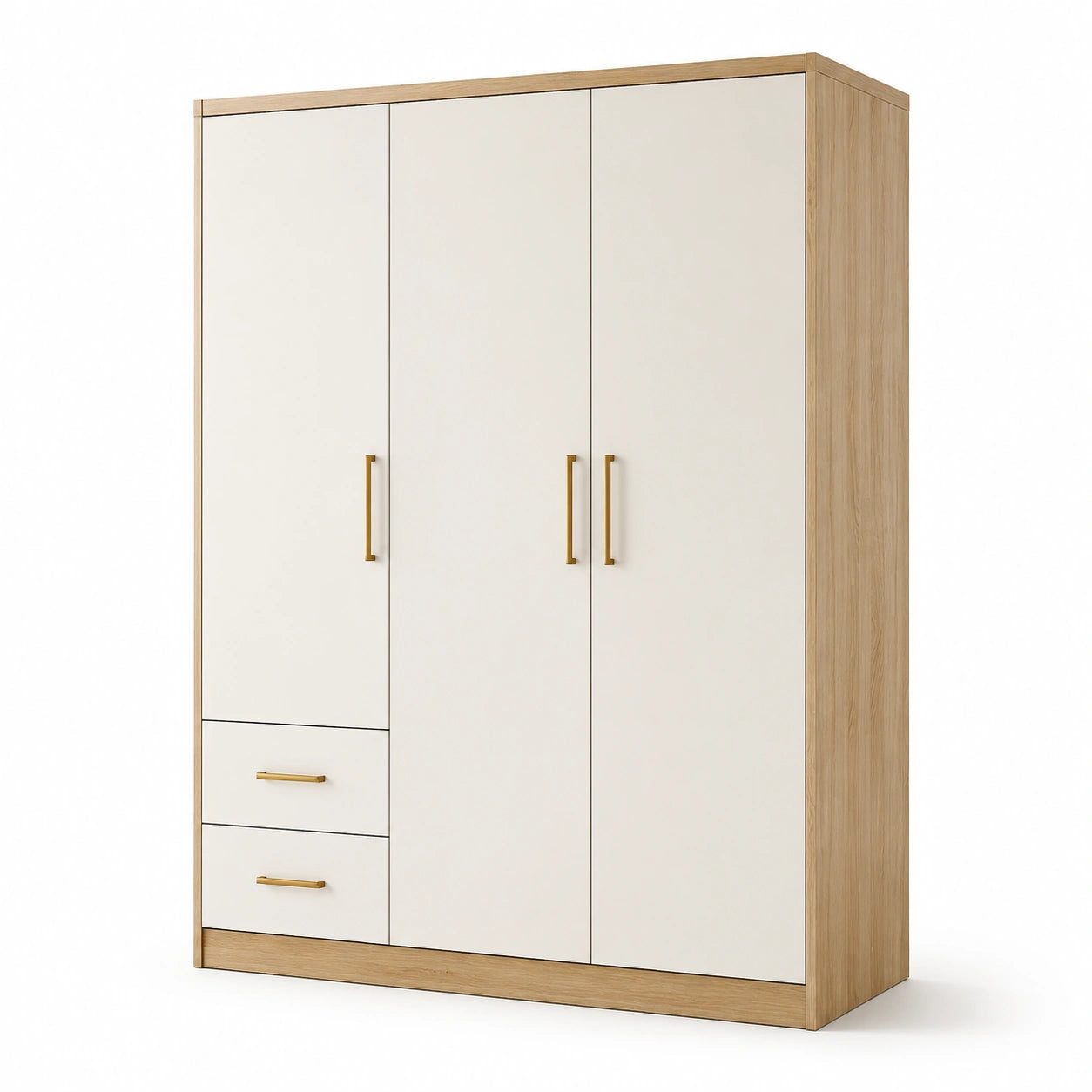 Kleiderschrank 150 × 55 × 200 cm, Weiß/Eichefarben/Goldfarben, 3 Türen und 2 Schubladen