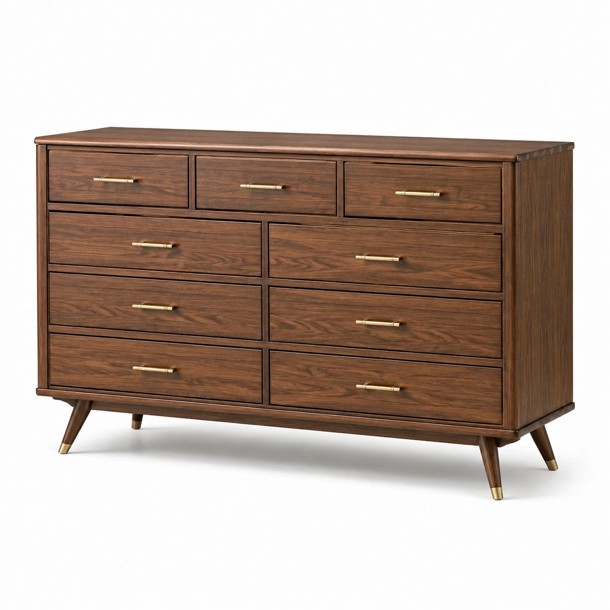 Kommode mit 9 Schubladen, 150 × 45 × 100 cm, Braun/Messingfarben, Mid-Century-Stil