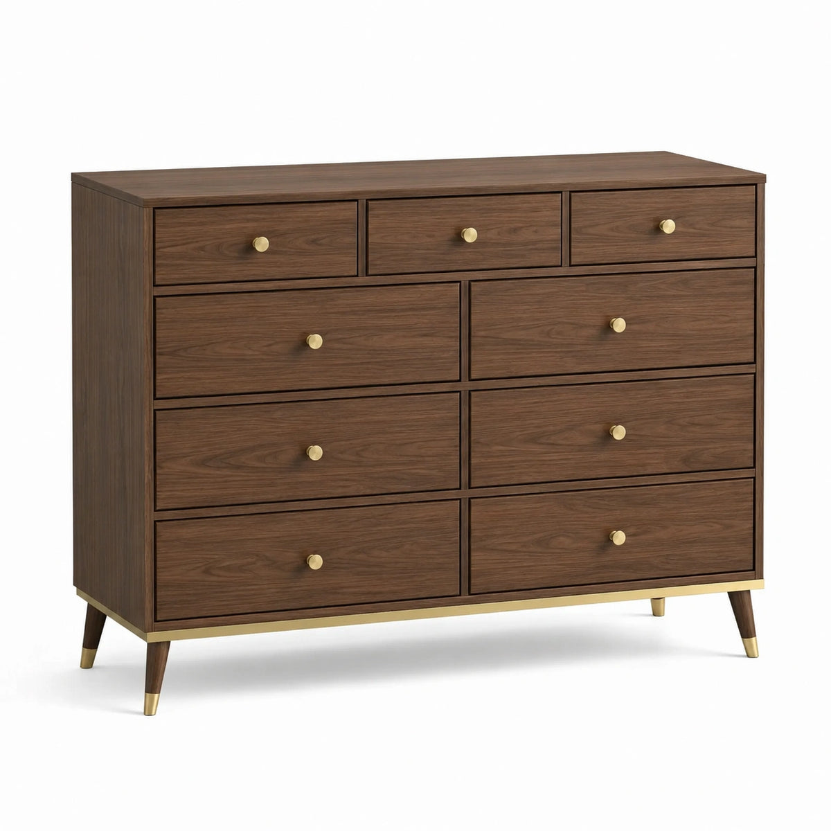 Kommode mit 9 Schubladen, 120 × 40 × 100 cm, Braun und Goldfarben, Retro-Stil