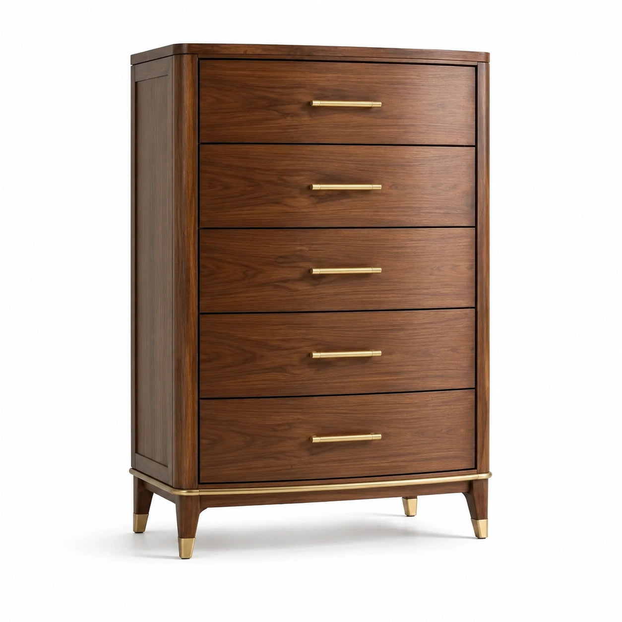 Hohe Holzkommode mit 5 Schubladen, Braun/Goldfarben, 80 × 45 × 120 cm, Mid-Century-Stil