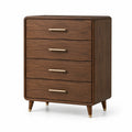 Hohe Kommode mit 4 Schubladen, 80 × 42 × 105 cm, Walnussbraun und Goldfarben, Mid-Century-Stil