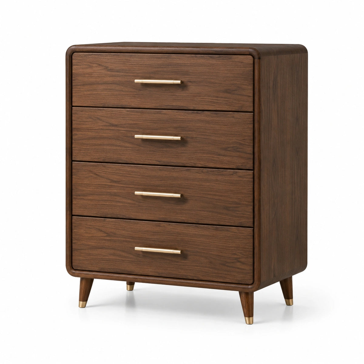 Hohe Kommode mit 4 Schubladen, 80 × 42 × 105 cm, Walnussbraun und Goldfarben, Mid-Century-Stil