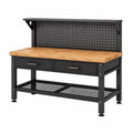 Werkbank mit Holzarbeitsplatte, Lochwand, 2 Schubladen und Ablagen, 120 × 60 × 150 cm, Schwarz/Natur