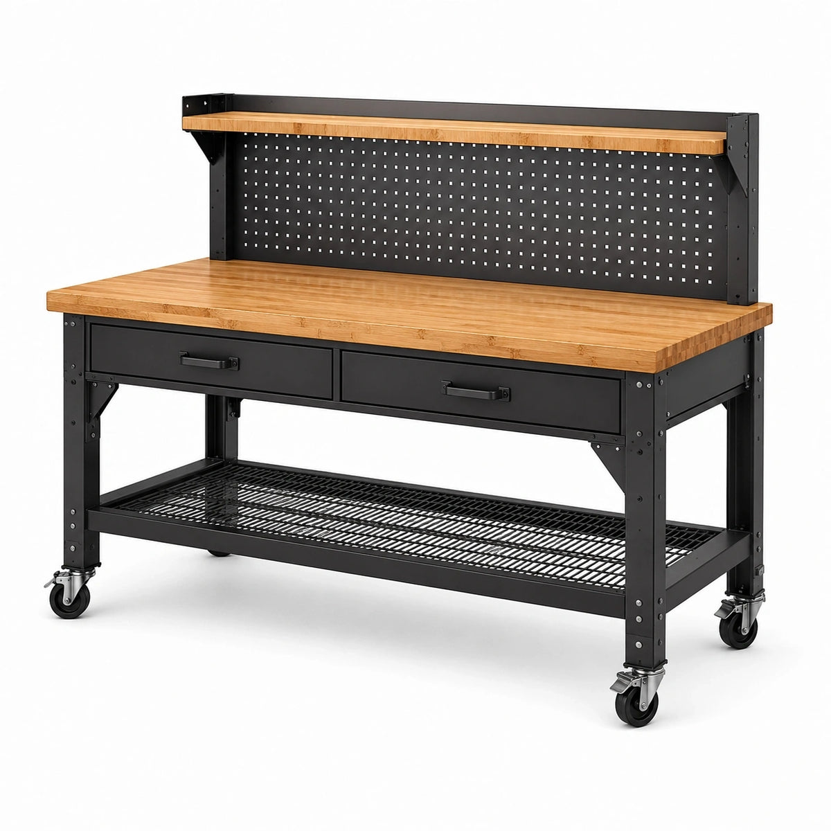 Mobile Werkbank aus Stahl und Bambus, 152 × 61 × 145 cm, Schwarz/Natur, mit Lochwand, 2 Schubladen, Ablagen und Rollen