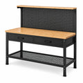 Werkbank aus Stahl und Holz mit Lochwand, 2 Schubladen und Ablagen, 120 × 60 × 150 cm, Schwarz/Natur
