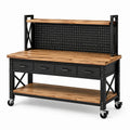 Mobile Werkbank aus Holz und Stahl mit Lochwand, 4 Schubladen, 2 Ablagen und Rollen, 120 × 60 × 150 cm, Braun/Schwarz