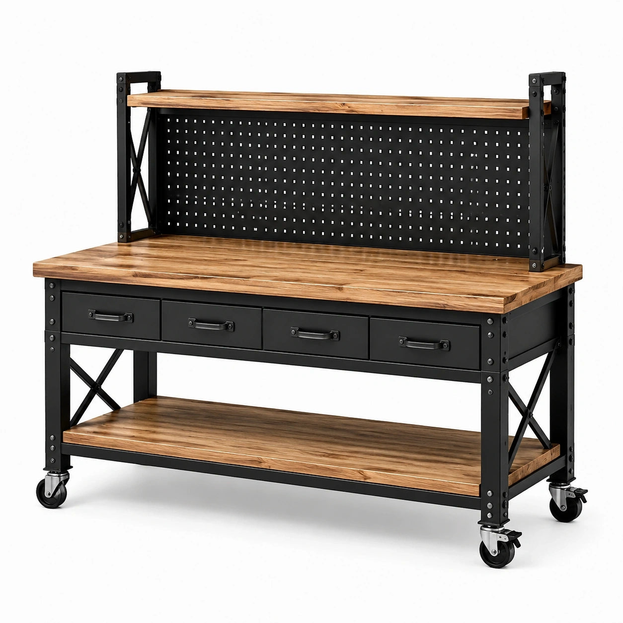 Mobile Werkbank aus Holz und Stahl mit Lochwand, 4 Schubladen, 2 Ablagen und Rollen, 120 × 60 × 150 cm, Braun/Schwarz