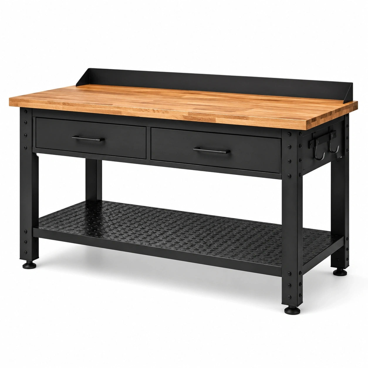 Werkbank aus Holz und Stahl mit 2 Schubladen, Ablage und Werkzeughaken, Schwarz/Braun, 120 × 60 × 95 cm