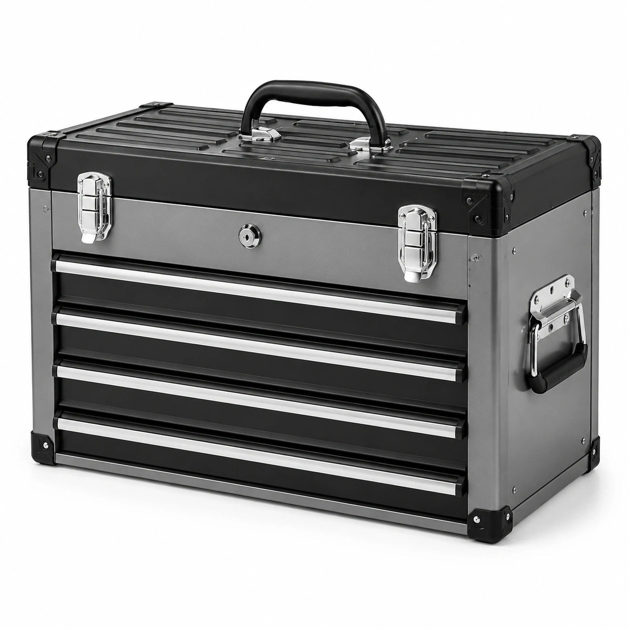 Stahl-Werkzeugkasten mit 4 Schubladen, oberem Fach und Tragegriffen, 52 × 26 × 40 cm, Schwarz/Silber