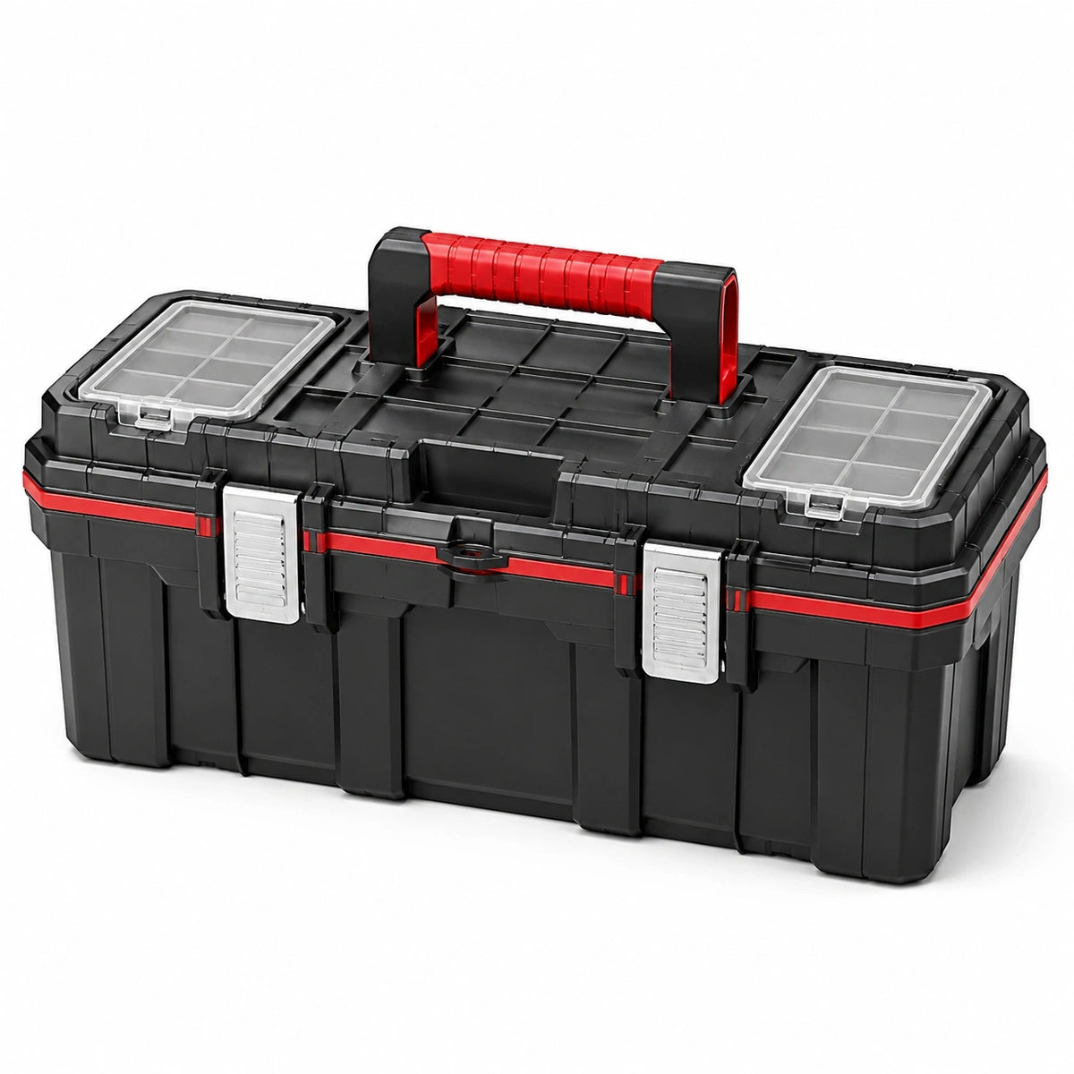 Robuster Werkzeugkasten aus Kunststoff, 55 × 28 × 27 cm, Schwarz/Rot, mit Kleinteilefächern und Tragegriff