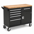 Mobiler Werkzeugwagen mit Holzarbeitsplatte, 112 × 50 × 95 cm, Schwarz/Holzfarben/Silber, 6 Schubladen und Schrankfach