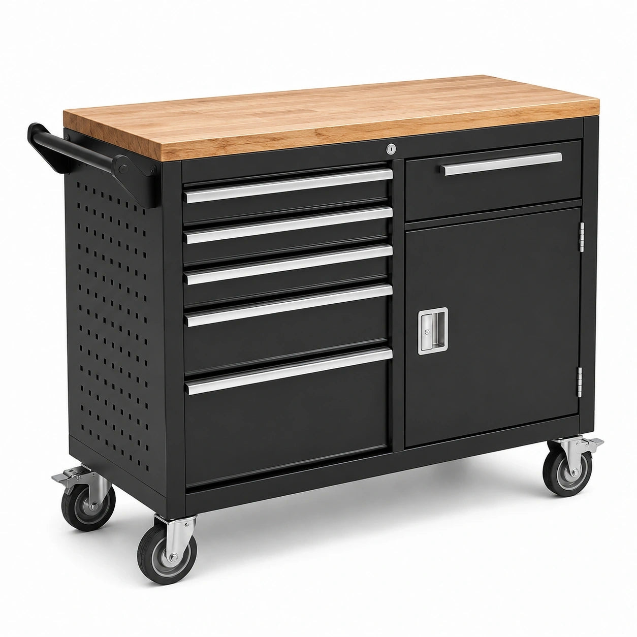 Mobiler Werkzeugwagen mit Holzarbeitsplatte, 112 × 50 × 95 cm, Schwarz/Holzfarben/Silber, 6 Schubladen und Schrankfach