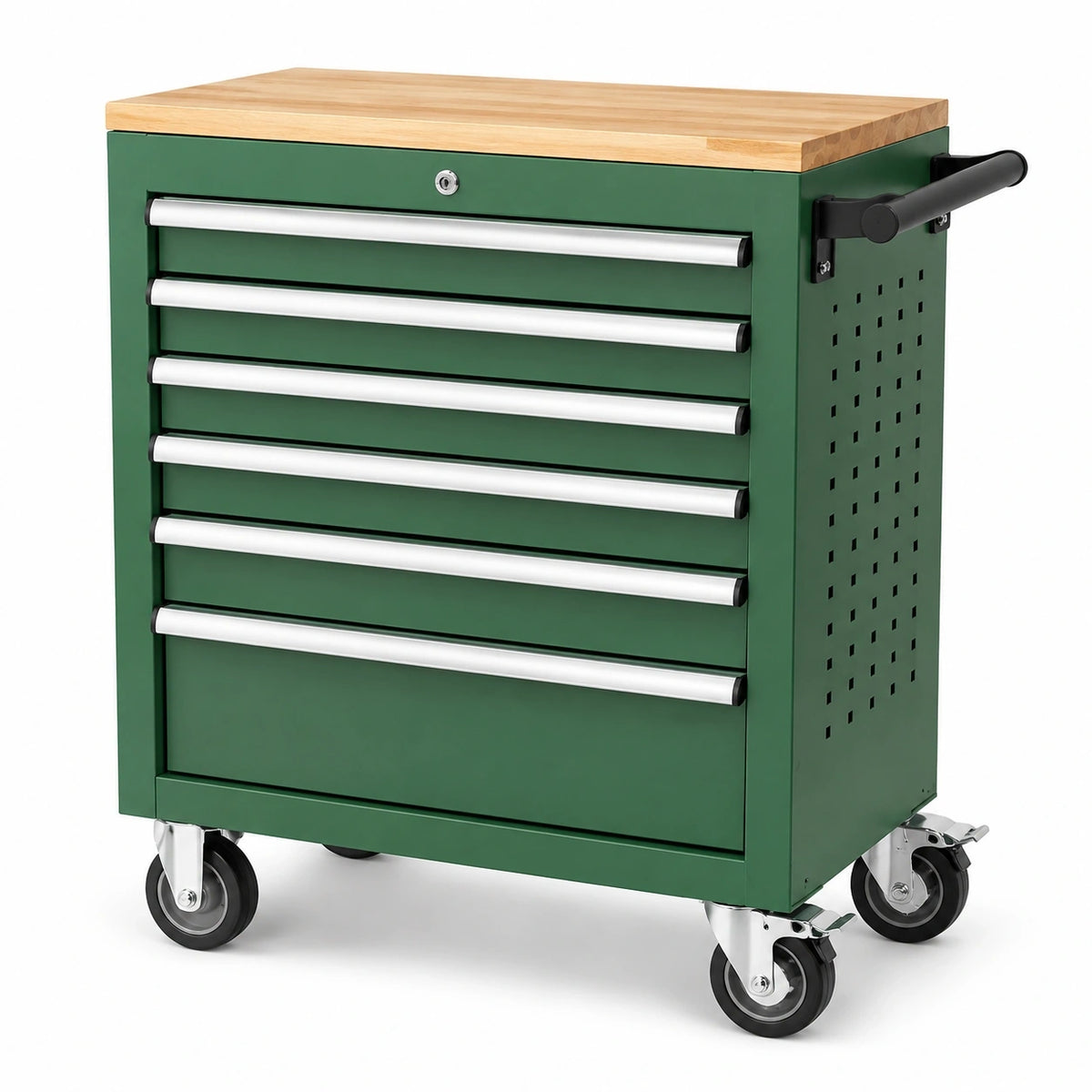 Abschließbarer Werkzeugwagen in Grün mit 6 Schubladen, Holzarbeitsplatte und 4 Rollen, 70 × 33 × 76 cm