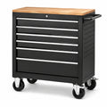 Mobiler Werkzeugwagen aus Stahl mit 6 Schubladen, Holzarbeitsplatte und Schloss, 85 x 46 x 95 cm, Schwarz/Natur/Silber