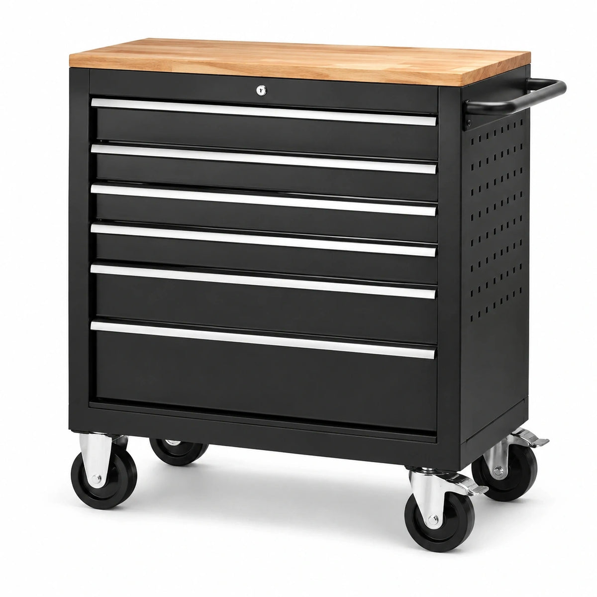 Mobiler Werkzeugwagen aus Stahl mit 6 Schubladen, Holzarbeitsplatte und Schloss, 85 x 46 x 95 cm, Schwarz/Natur/Silber