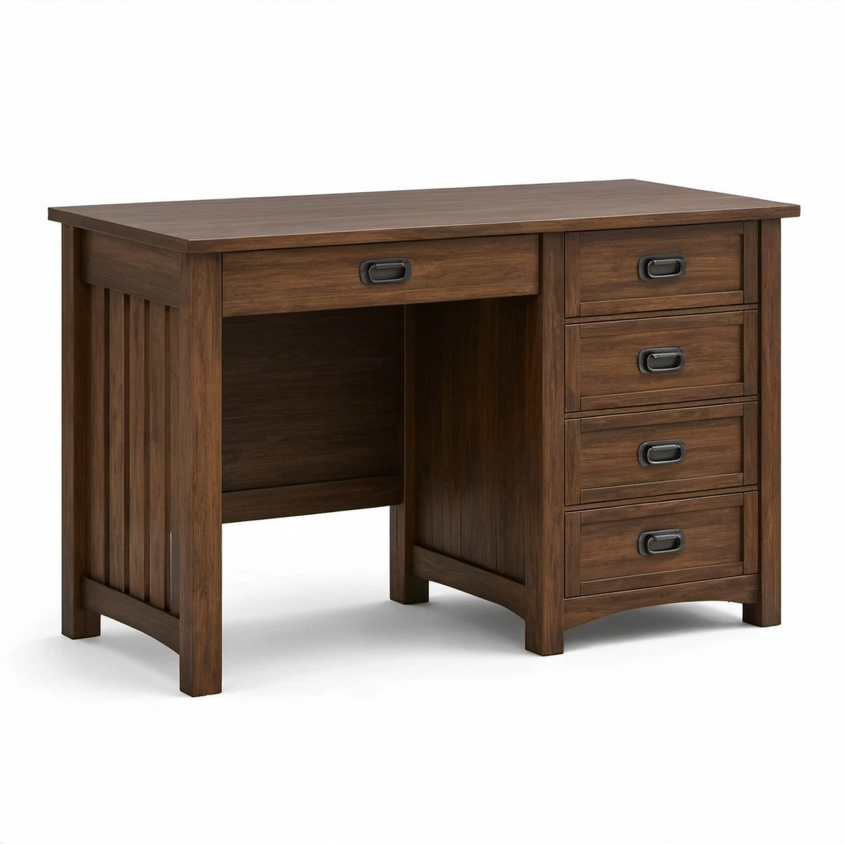 Schreibtisch aus Holzwerkstoff, Dunkelbraun mit schwarzen Griffen, 120 × 55 × 76 cm, 5 Schubladen