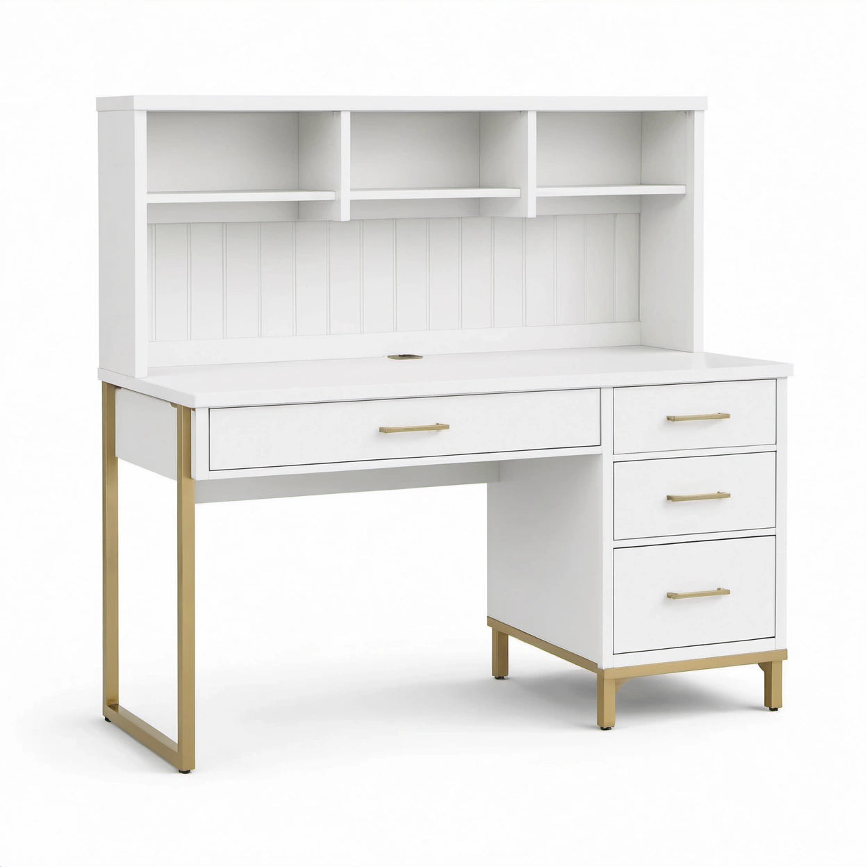Schreibtisch mit Aufsatz und 4 Schubladen, 120 × 50 × 147 cm, Weiß/Gold, Holzwerkstoff und Metall