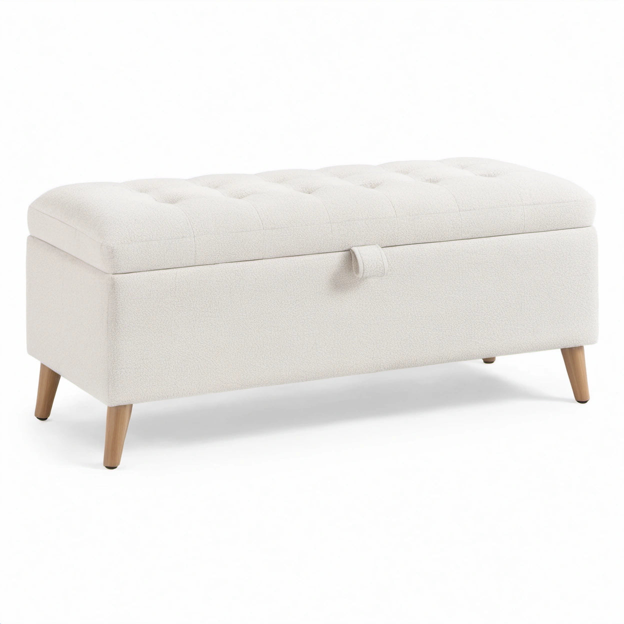 Sitzbank mit Stauraum, gepolstert, Bouclé-Bezug in Creme/Natur, 110 × 40 × 45 cm