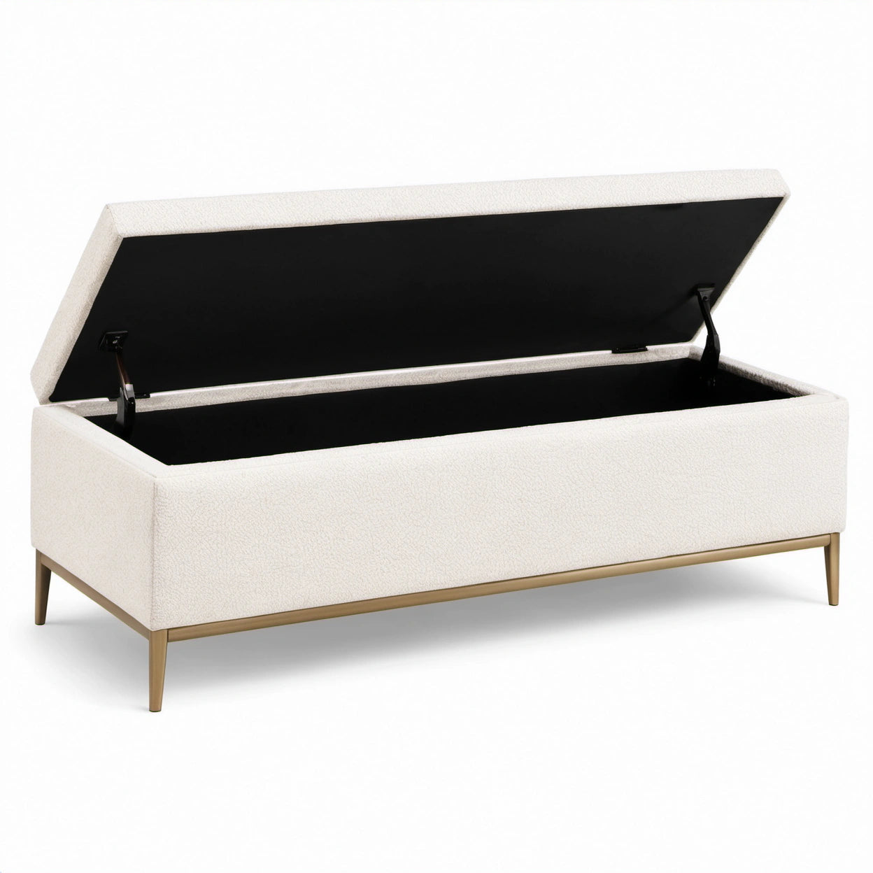 Sitzbank mit Stauraum, 120 × 45 × 45 cm, Strukturstoff in Creme, Metallgestell in Gold, Innenfach in Schwarz