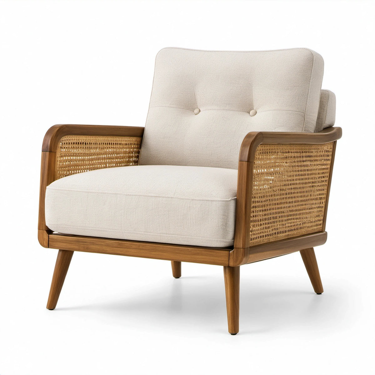 Polstersessel in Creme und Braun, 75 × 78 × 82 cm, mit Holzrahmen und Rattangeflecht im Retro-Stil