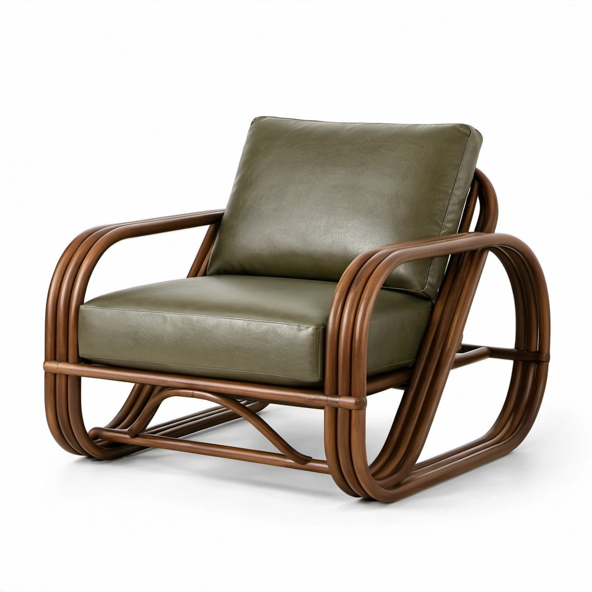 Retro-Loungesessel aus Rattan und Kunstleder mit Armlehnen, Olivgrün/Braun, 83 × 78 × 77 cm