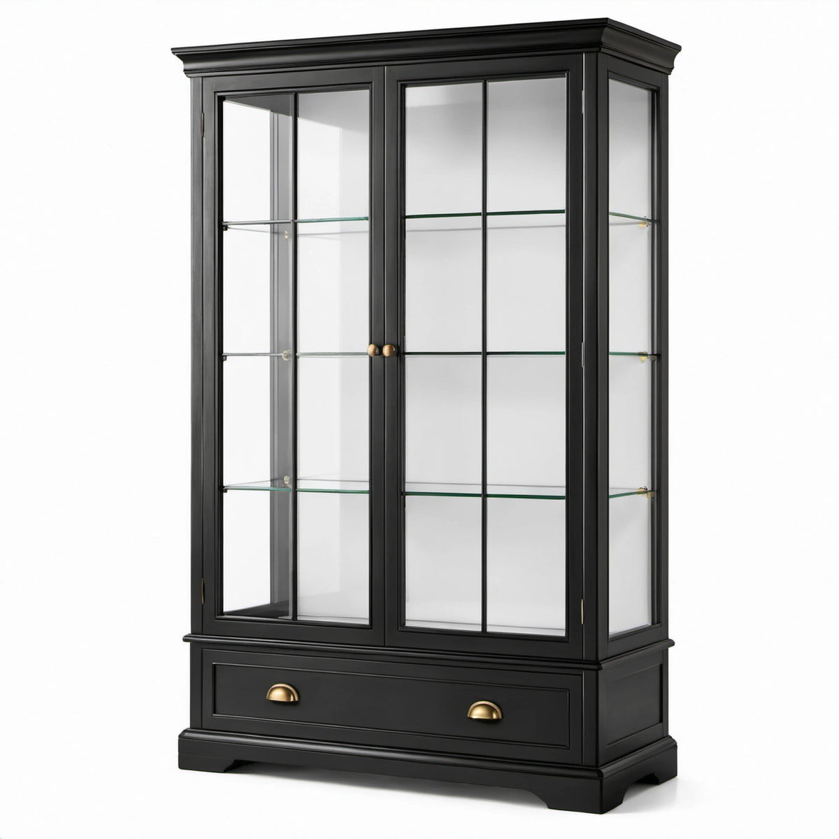 Vitrinenschrank aus Holzwerkstoff und Glas, Schwarz mit goldfarbenen Griffen, 110 x 40 x 190 cm, 2 Türen, 3 Glasböden und 1 Schublade